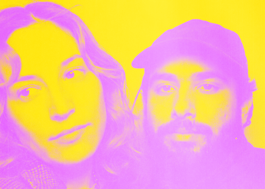 Natalia and Josh in the original pink and yellow portrait from their invitation